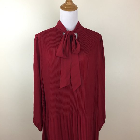NWT NANETTE LEPORE Heritage Red Pleats Tie Collar Long Sleeve Dress - Picture 5 of 8